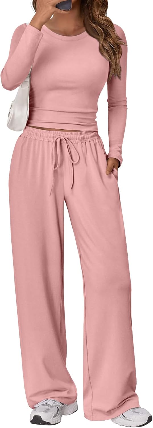 Trendy Queen Women's 2 Piece Matching Lounge Set Long Sleeve Side Ruching Top Wide Leg Drawstring Pants Set with Pockets