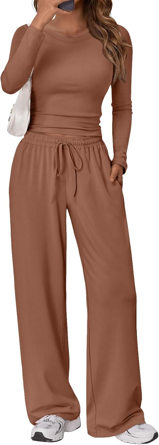 Trendy Queen Women's 2 Piece Matching Lounge Set Long Sleeve Side Ruching Top Wide Leg Drawstring Pants Set with Pockets
