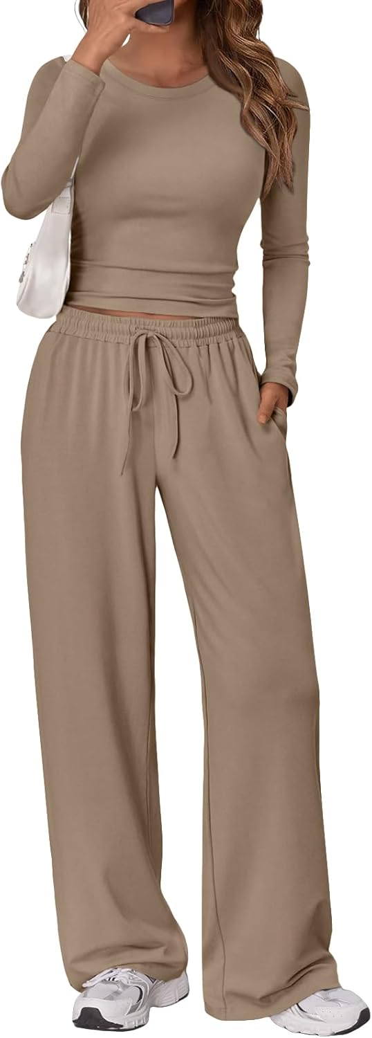 Trendy Queen Women's 2 Piece Matching Lounge Set Long Sleeve Side Ruching Top Wide Leg Drawstring Pants Set with Pockets