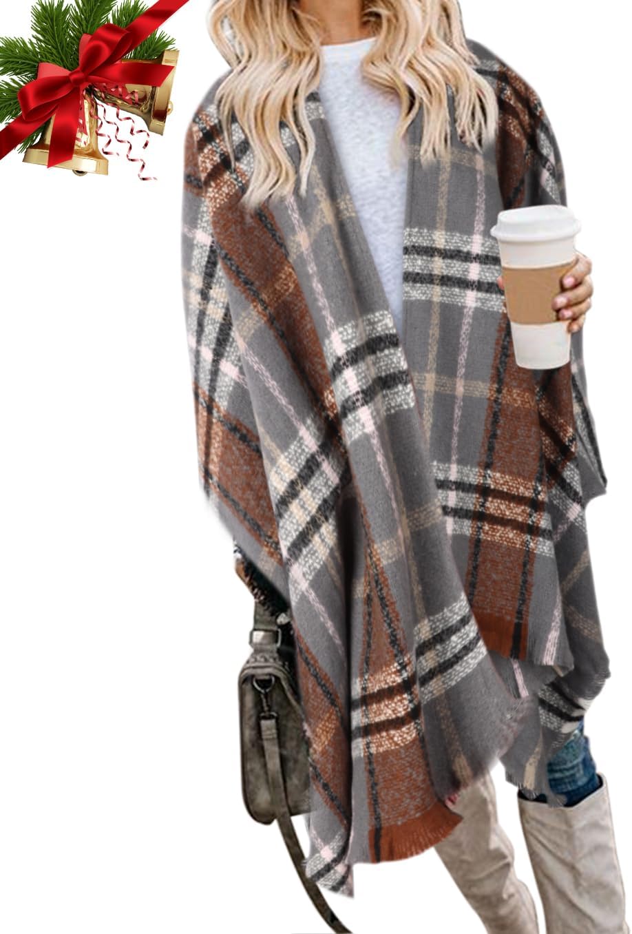 Bestshe Women's Boho Open Front Poncho Knitted Plaid Shawl Wrap Cape Tassel Cardigan Sweater