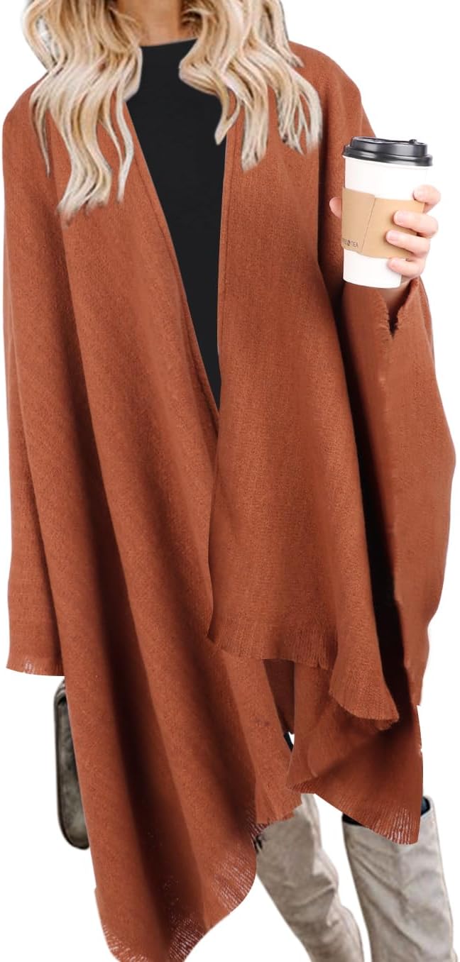 Bestshe Women's Boho Open Front Poncho Knitted Plaid Shawl Wrap Cape Tassel Cardigan Sweater