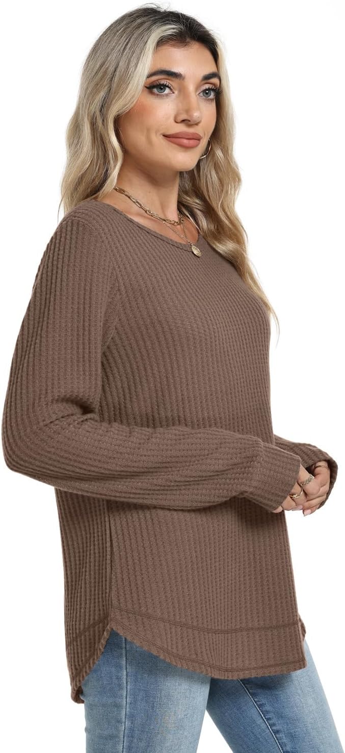 WIHOLL Tunic Tops for Women Loose Fit Dressy Waffle Knit Long Sleeve Shirts Trendy Fall Fashion Crewneck Sweaters Curved Hem