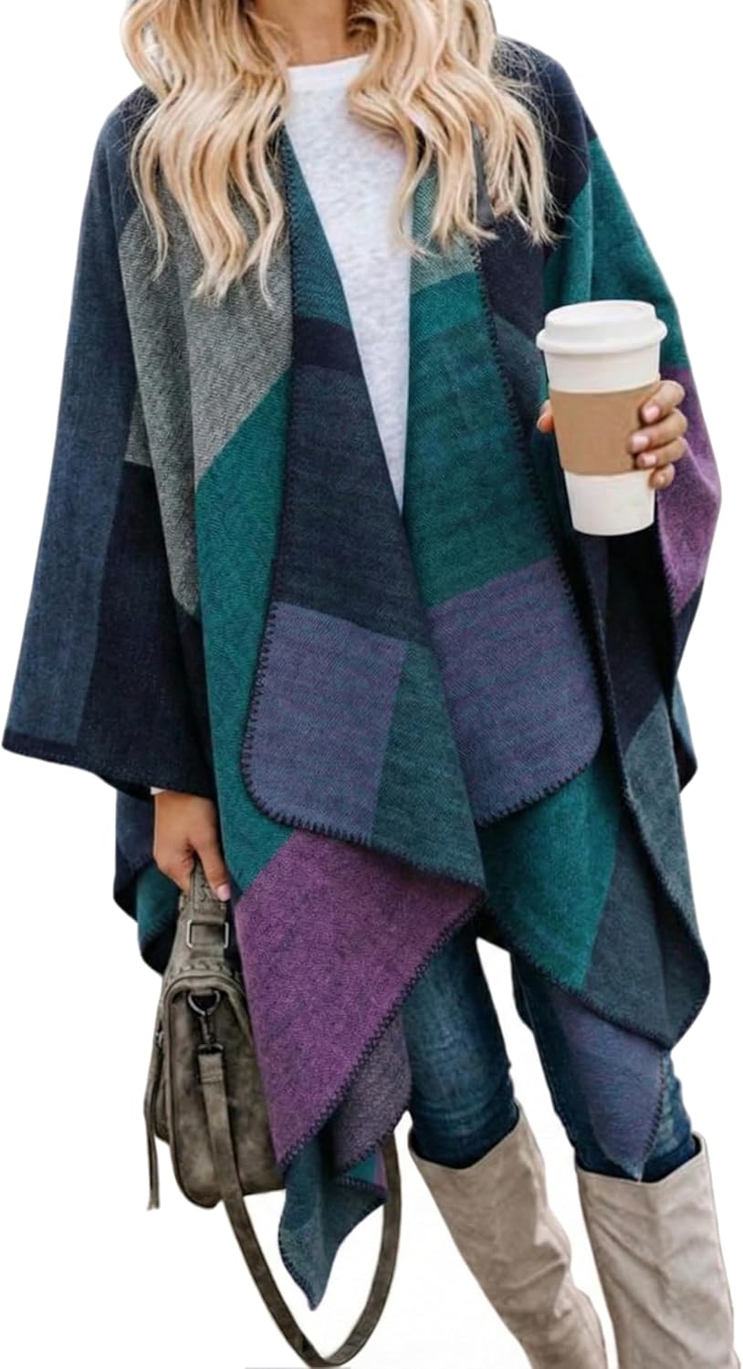 Bestshe Women's Boho Open Front Poncho Knitted Plaid Shawl Wrap Cape Tassel Cardigan Sweater