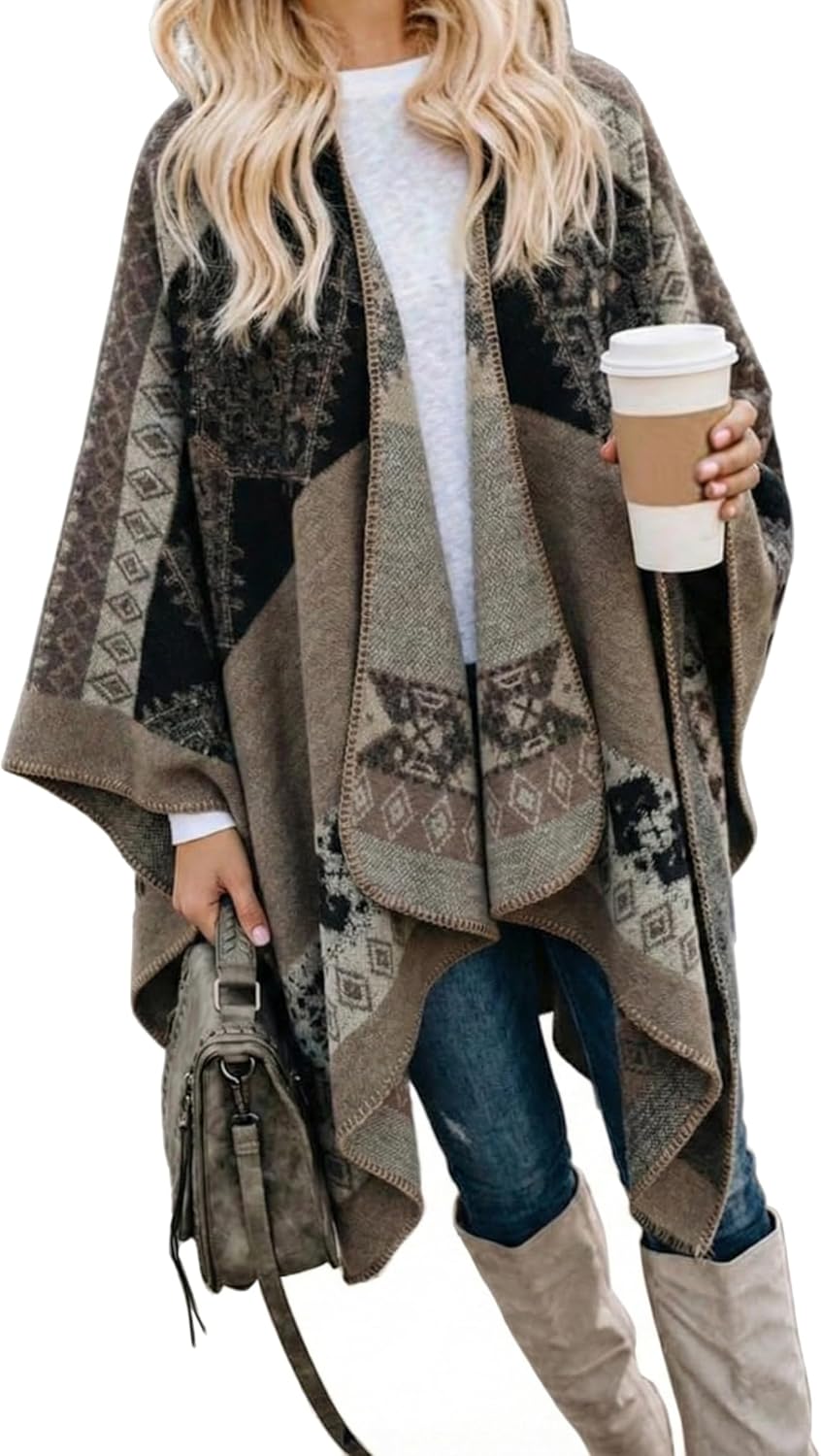 Bestshe Women's Boho Open Front Poncho Knitted Plaid Shawl Wrap Cape Tassel Cardigan Sweater