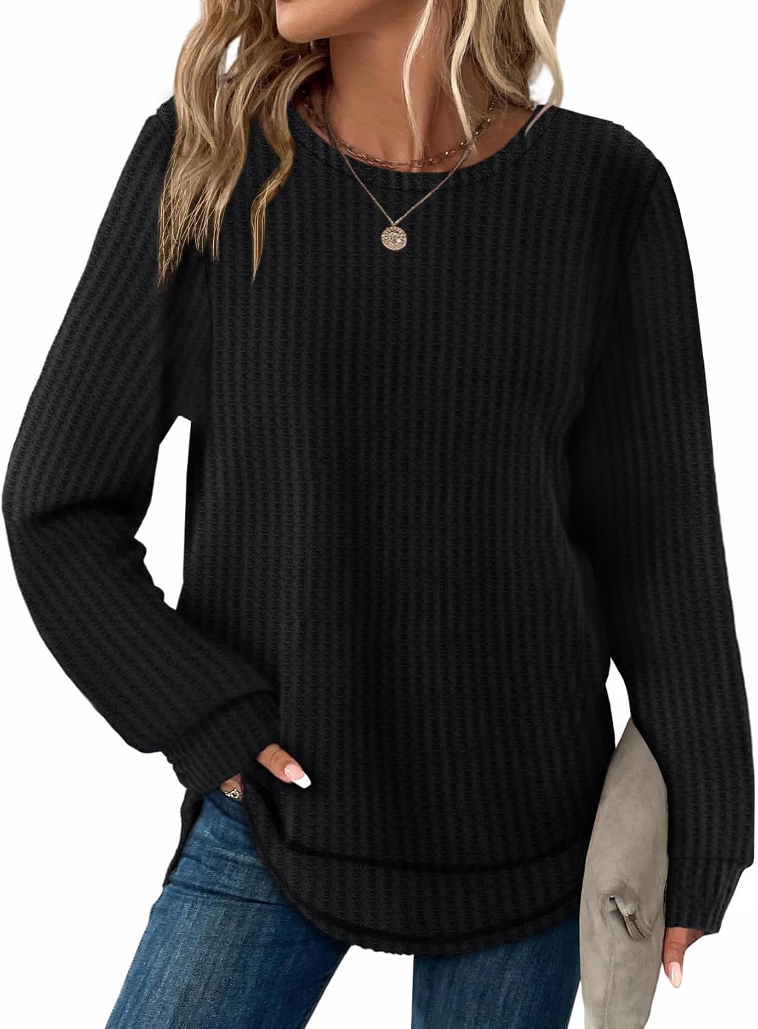 WIHOLL Tunic Tops for Women Loose Fit Dressy Waffle Knit Long Sleeve Shirts Trendy Fall Fashion Crewneck Sweaters Curved Hem