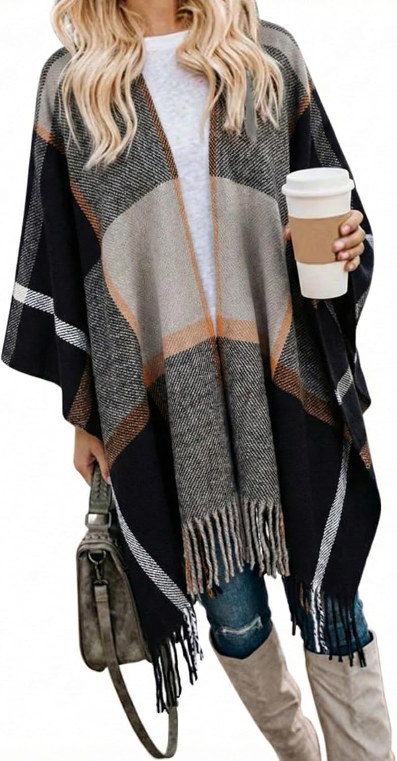 Bestshe Women's Boho Open Front Poncho Knitted Plaid Shawl Wrap Cape Tassel Cardigan Sweater