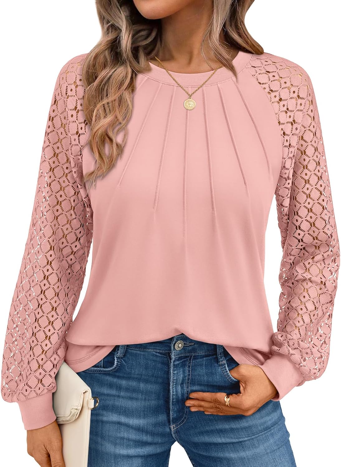 AUTOMET Womens Long Sleeve Shirts Pleated Lace Tops Fall Fashion Outfits Business Casual Blouses