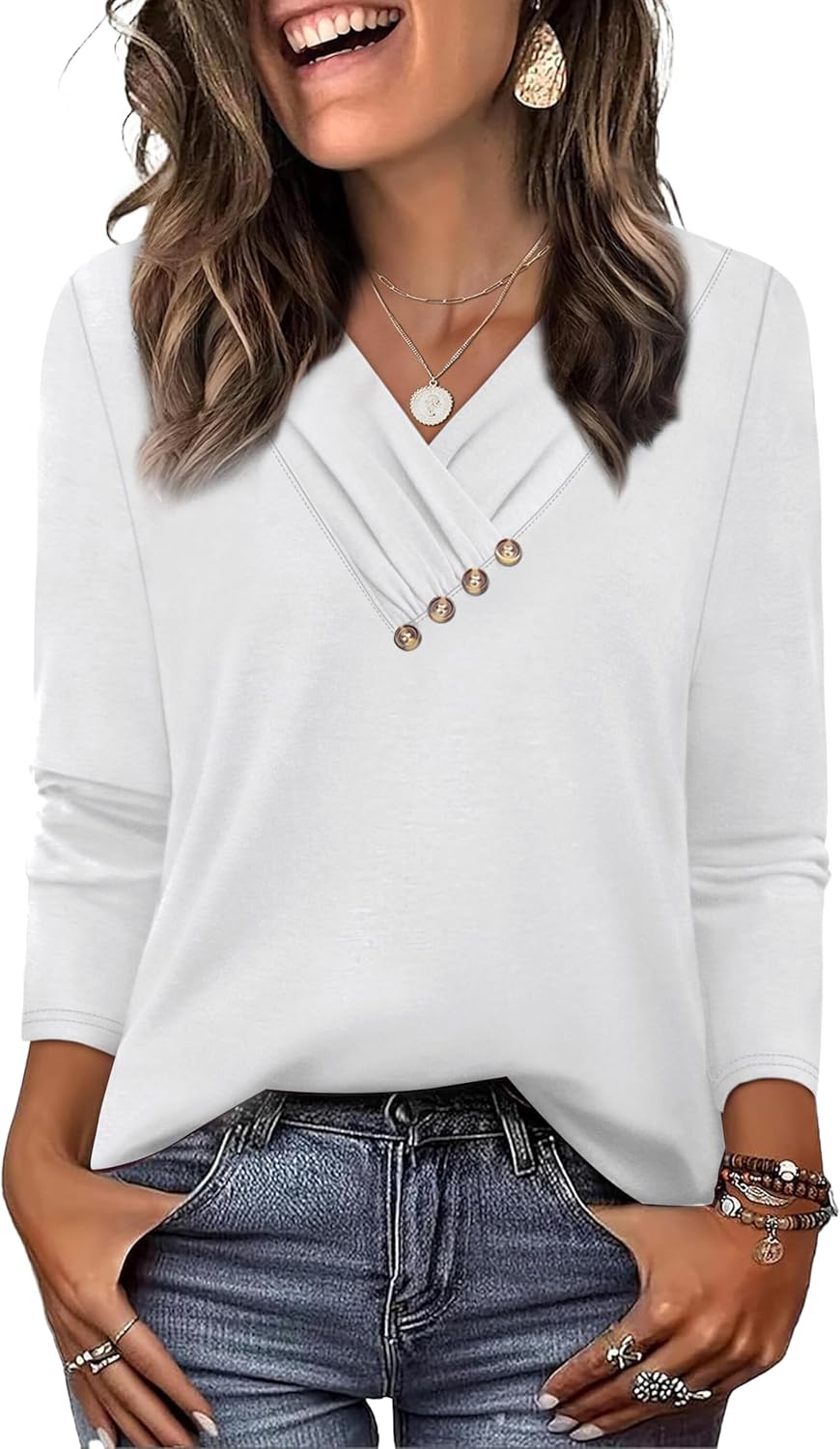 WIHOLL Long Sleeve Shirts for Women Fall Outfits V Neck T Shirts Button Down Tunic Tops Fashion Clothing