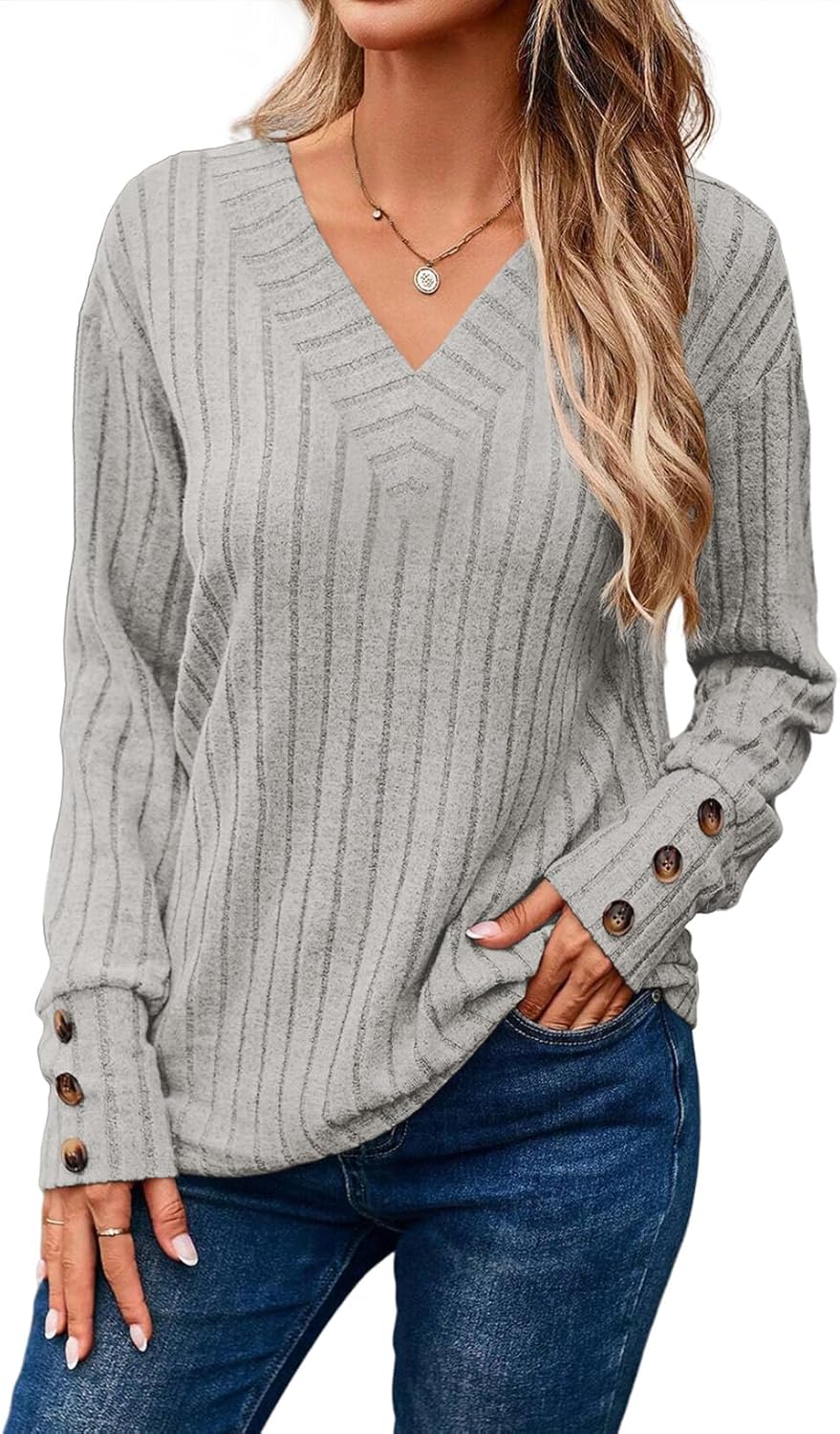 Dokotoo Womens Soft Long Sleeve V Neck Shirts Solid Casual Decorative Buttons Knitted Pullover Tunic Tops