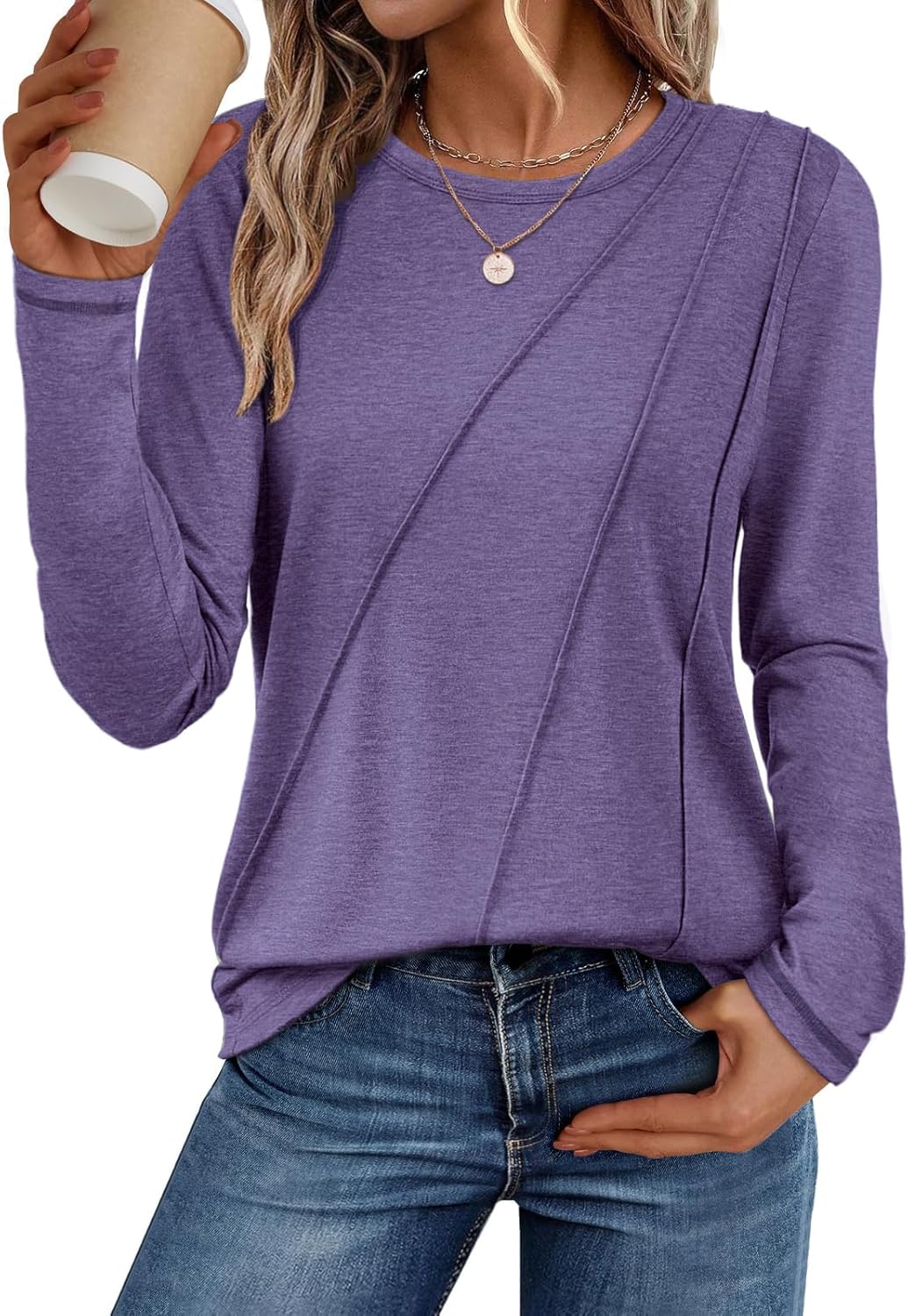 ATHMILE Womens Long Sleeve Shirts Pleated Crew Neck Casual Fall Fashion Ladie Tops Loose Fit Spring Clothes Beach Vacation