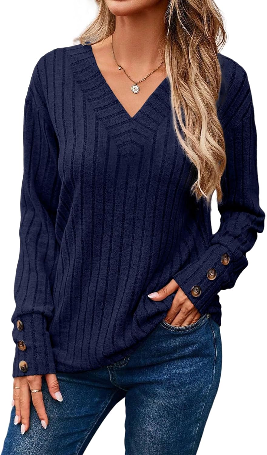 Dokotoo Womens Soft Long Sleeve V Neck Shirts Solid Casual Decorative Buttons Knitted Pullover Tunic Tops