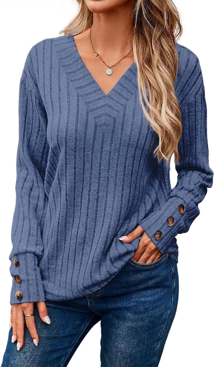 Dokotoo Womens Soft Long Sleeve V Neck Shirts Solid Casual Decorative Buttons Knitted Pullover Tunic Tops
