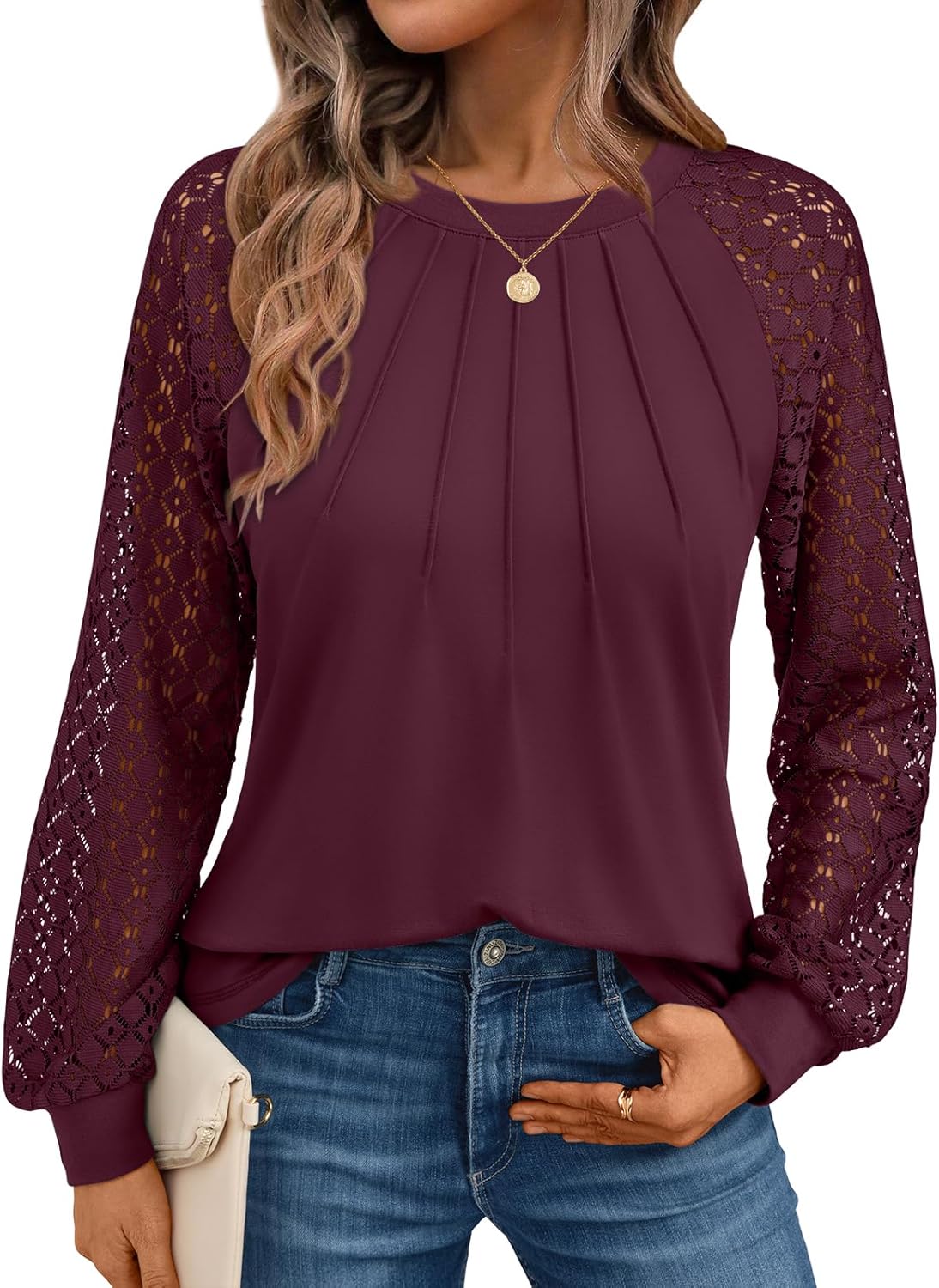 AUTOMET Womens Long Sleeve Shirts Pleated Lace Tops Fall Fashion Outfits Business Casual Blouses