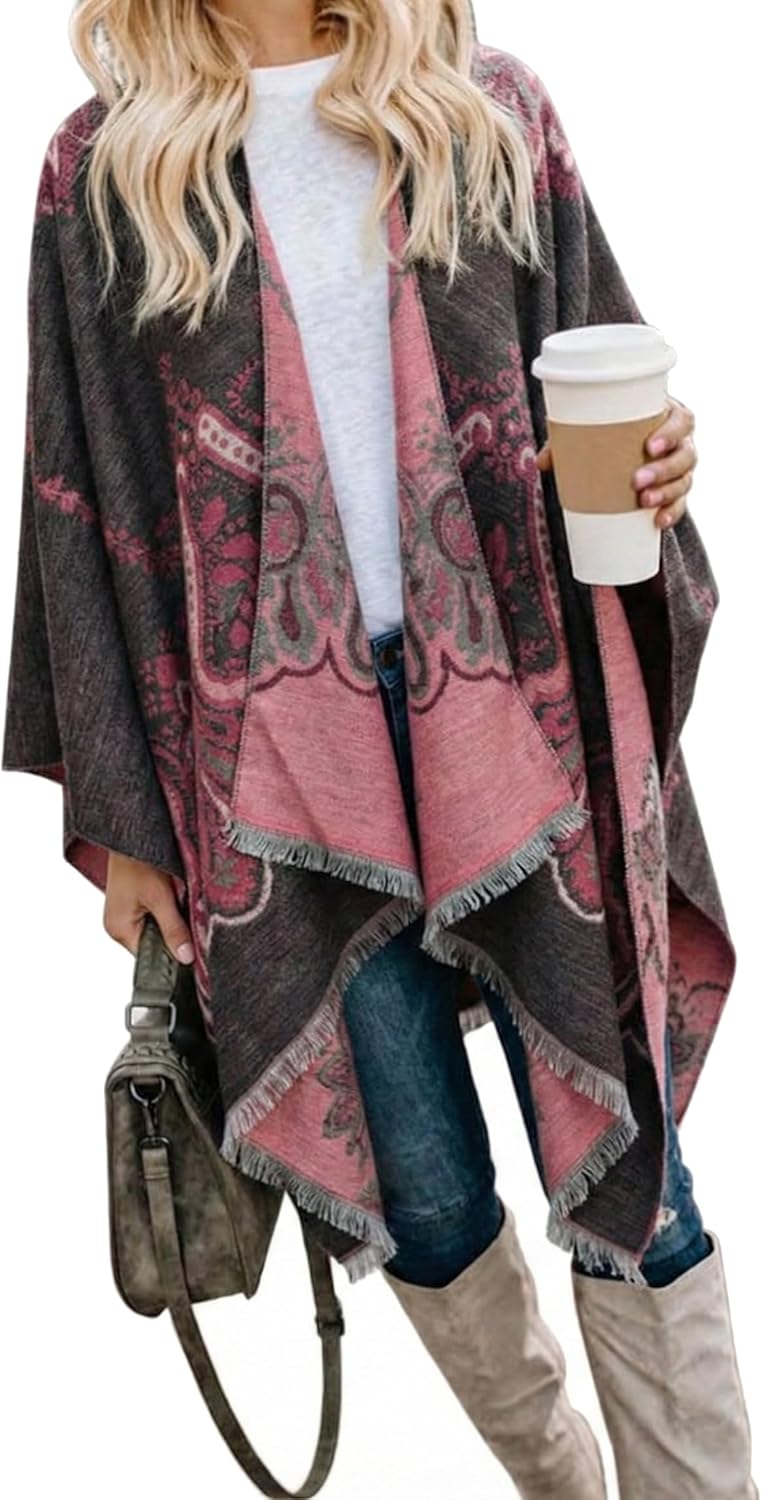 Bestshe Women's Boho Open Front Poncho Knitted Plaid Shawl Wrap Cape Tassel Cardigan Sweater