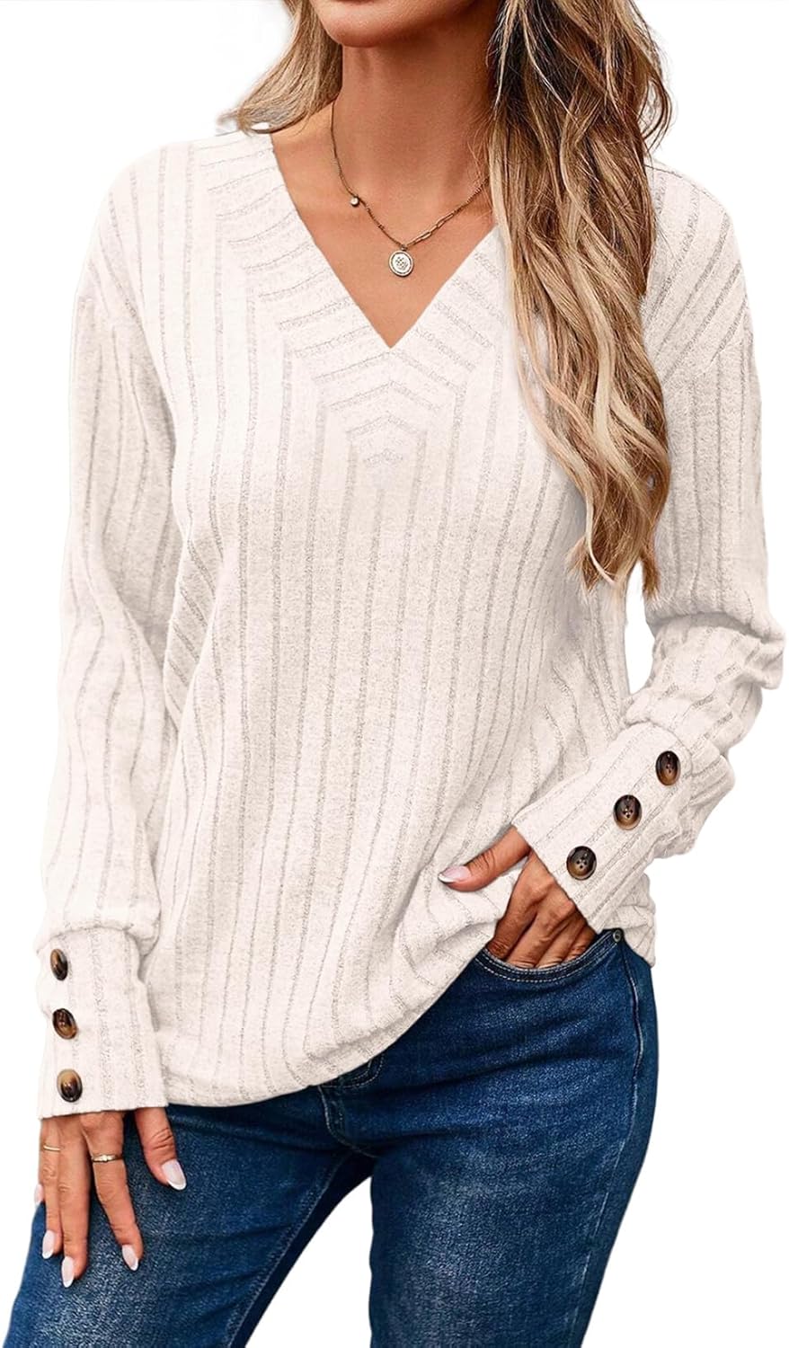 Dokotoo Womens Soft Long Sleeve V Neck Shirts Solid Casual Decorative Buttons Knitted Pullover Tunic Tops