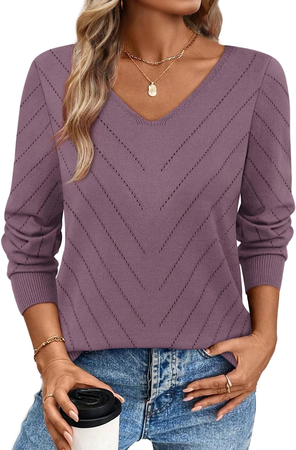 WIHOLL Sweaters for Women V Neck Casual Knit Long Sleeve Tops Lightweight Pullover Clothes Fall Fashion Outfits 2026