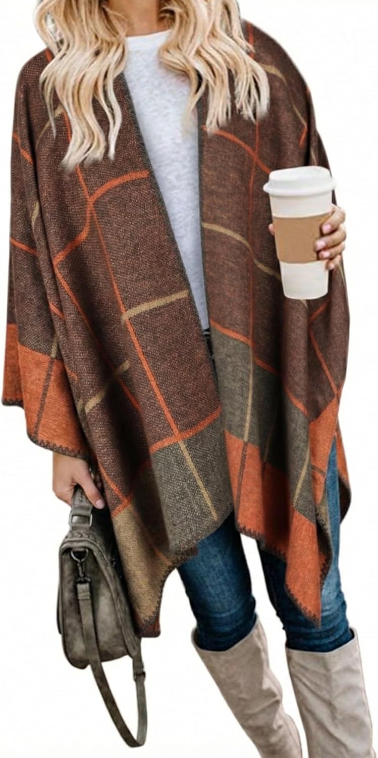 Bestshe Women's Boho Open Front Poncho Knitted Plaid Shawl Wrap Cape Tassel Cardigan Sweater