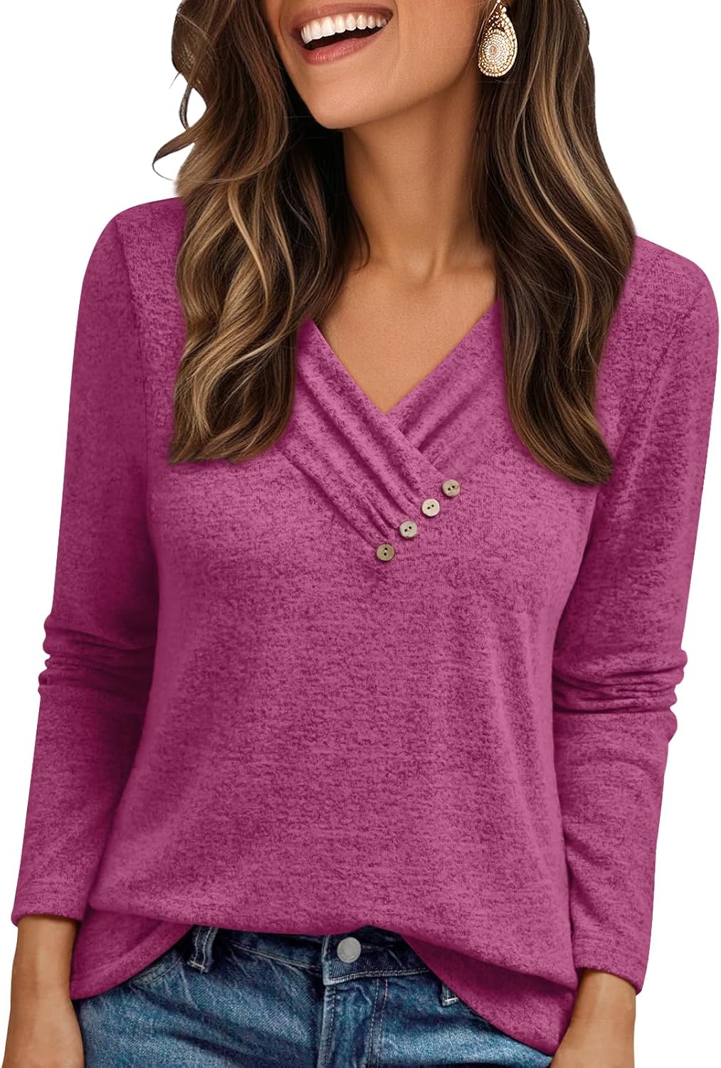 AUTOMET Womens Long Sleeve Tunic Top V Neck Button Shirts 2026 Dressy Casual Business Blouses