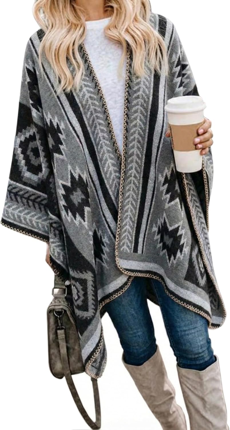 Bestshe Women's Boho Open Front Poncho Knitted Plaid Shawl Wrap Cape Tassel Cardigan Sweater