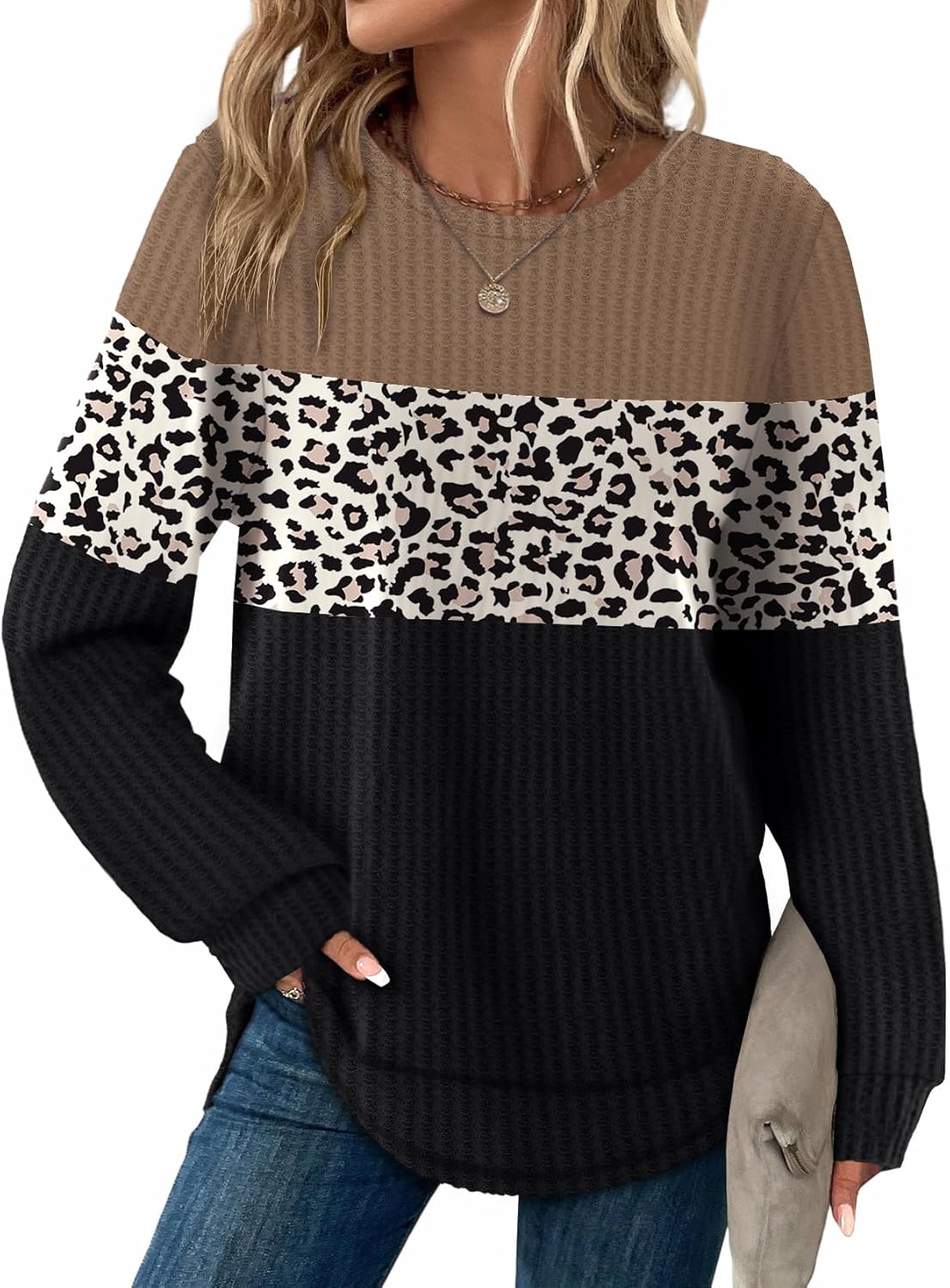 WIHOLL Tunic Tops for Women Loose Fit Dressy Waffle Knit Long Sleeve Shirts Trendy Fall Fashion Crewneck Sweaters Curved Hem