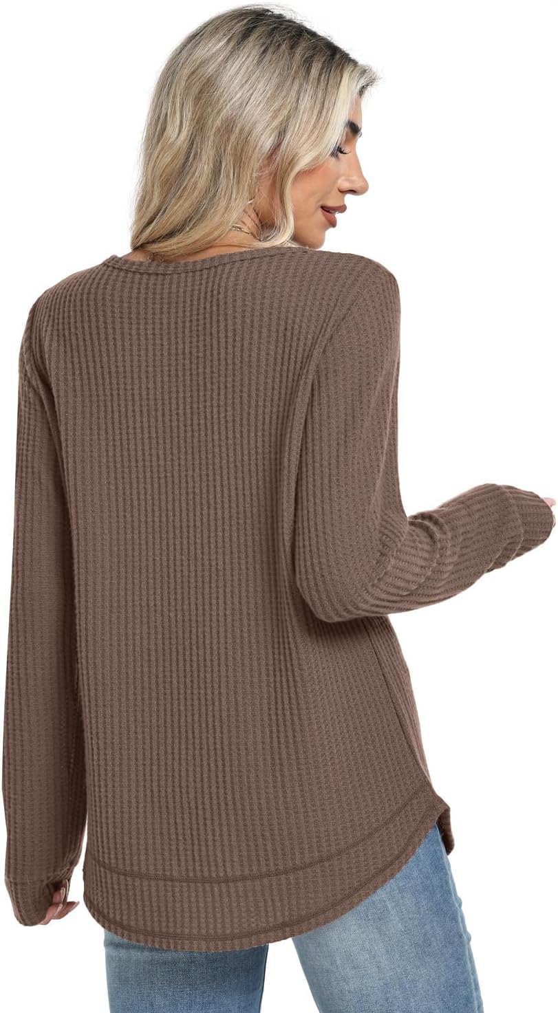 WIHOLL Tunic Tops for Women Loose Fit Dressy Waffle Knit Long Sleeve Shirts Trendy Fall Fashion Crewneck Sweaters Curved Hem