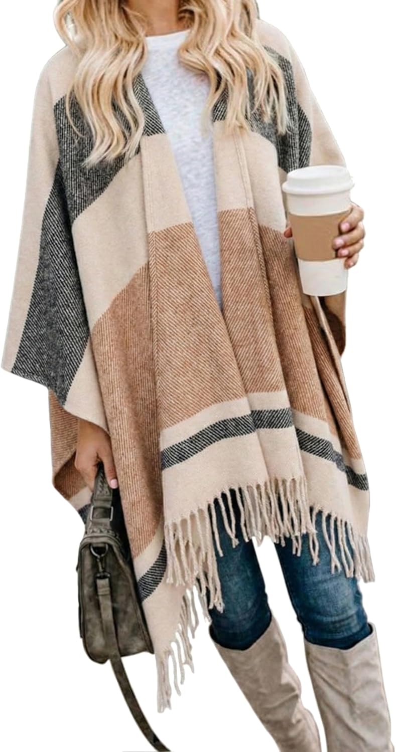 Bestshe Women's Boho Open Front Poncho Knitted Plaid Shawl Wrap Cape Tassel Cardigan Sweater