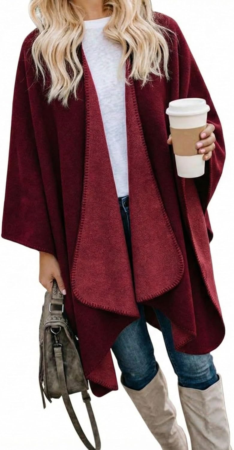 Bestshe Women's Boho Open Front Poncho Knitted Plaid Shawl Wrap Cape Tassel Cardigan Sweater