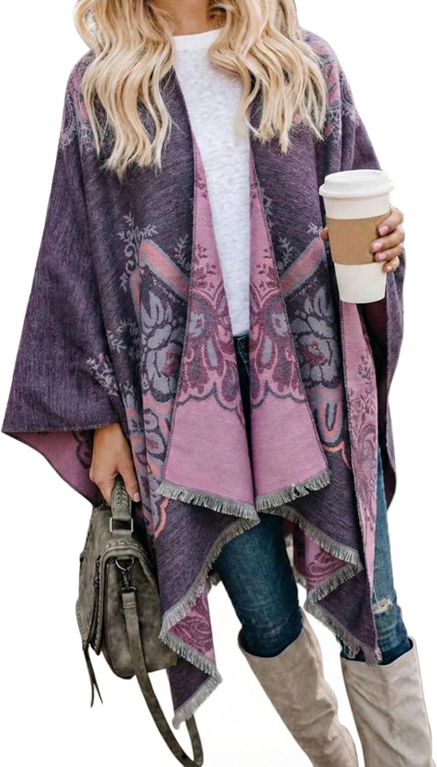 Bestshe Women's Boho Open Front Poncho Knitted Plaid Shawl Wrap Cape Tassel Cardigan Sweater