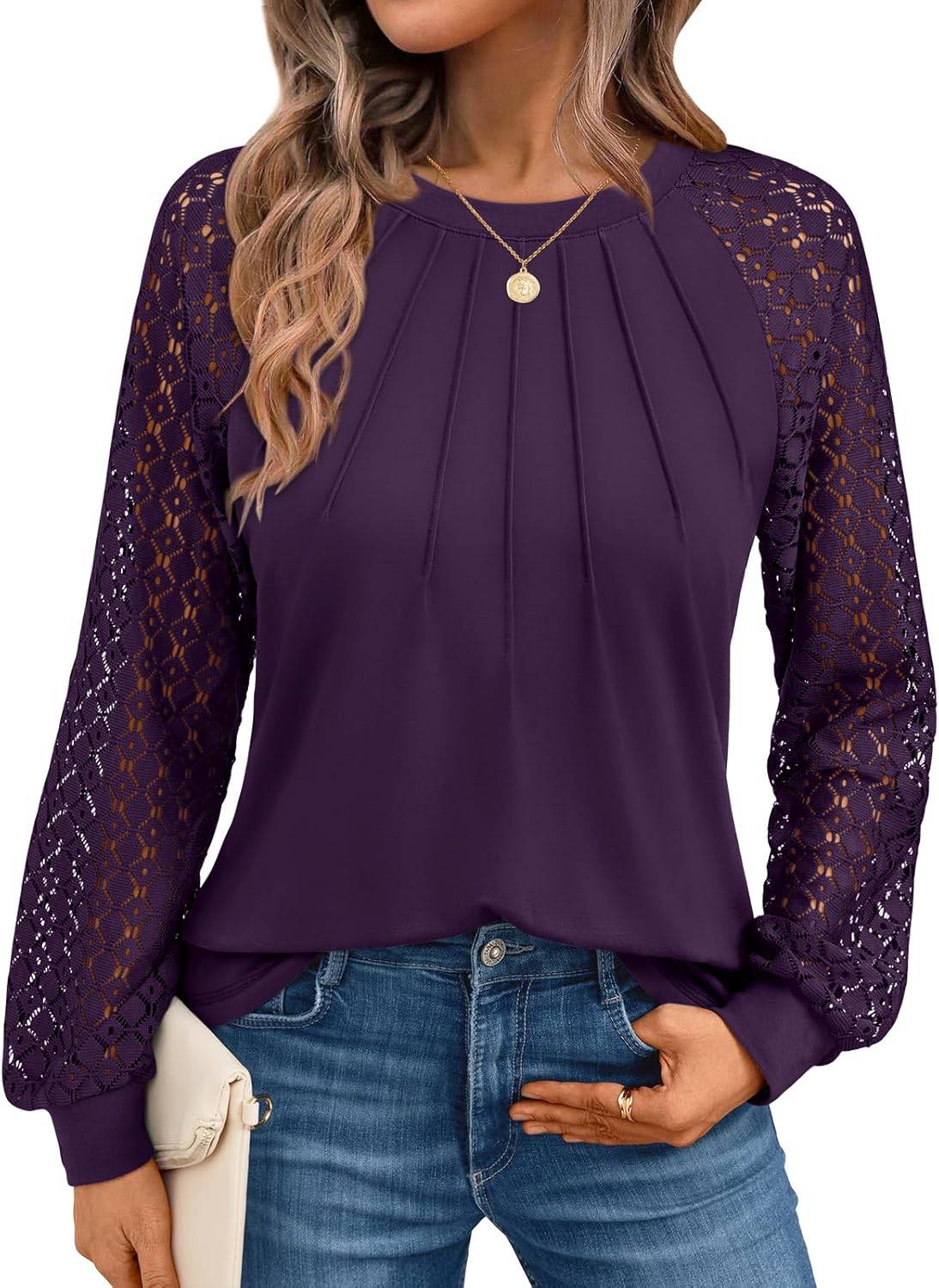 AUTOMET Womens Long Sleeve Shirts Pleated Lace Tops Fall Fashion Outfits Business Casual Blouses