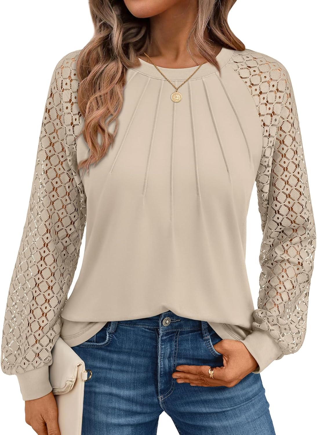 AUTOMET Womens Long Sleeve Shirts Pleated Lace Tops Fall Fashion Outfits Business Casual Blouses