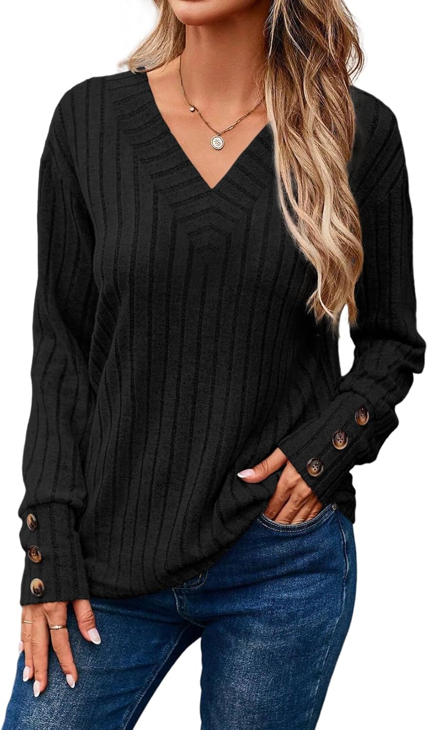 Dokotoo Womens Soft Long Sleeve V Neck Shirts Solid Casual Decorative Buttons Knitted Pullover Tunic Tops