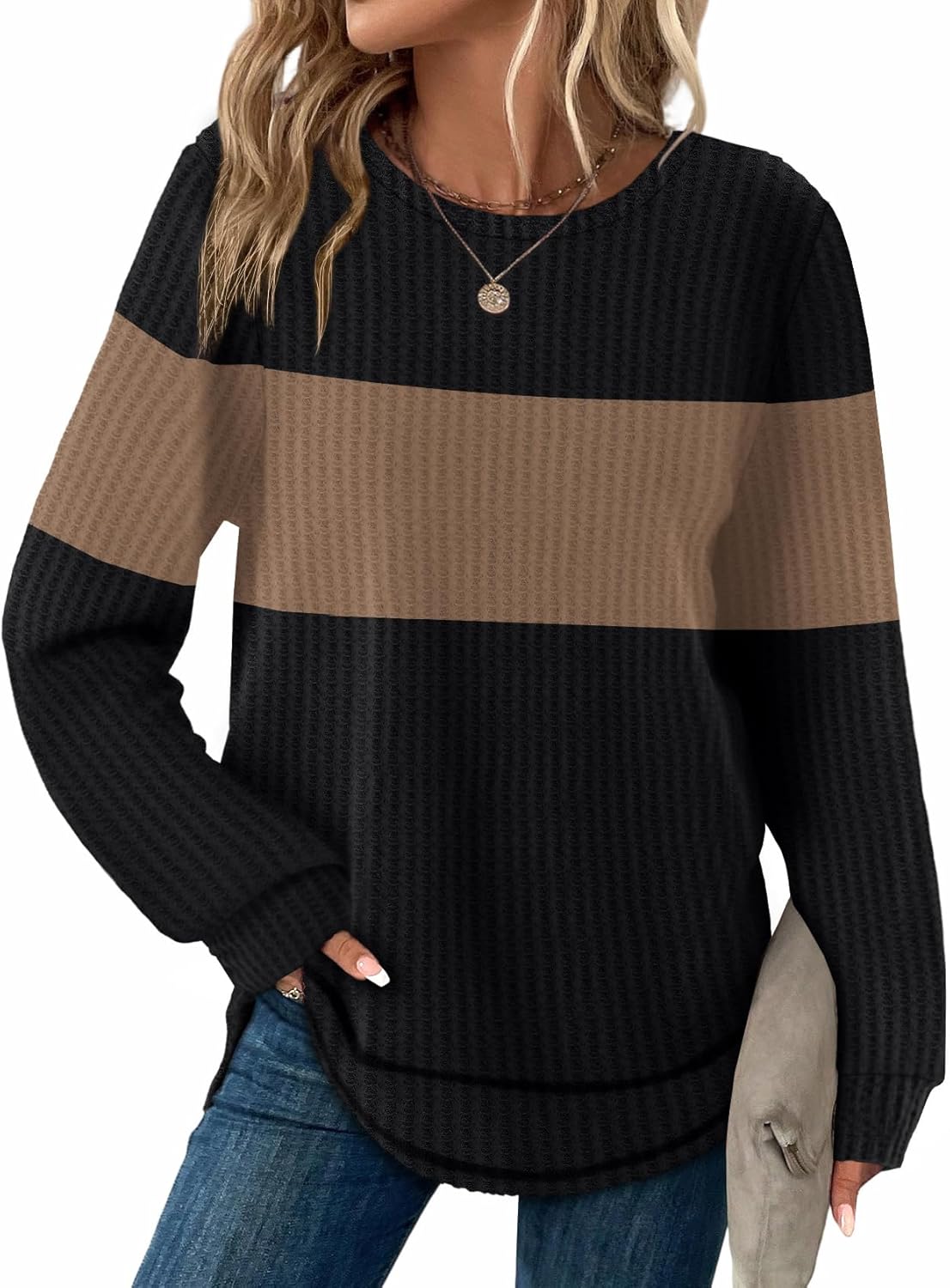 WIHOLL Tunic Tops for Women Loose Fit Dressy Waffle Knit Long Sleeve Shirts Trendy Fall Fashion Crewneck Sweaters Curved Hem