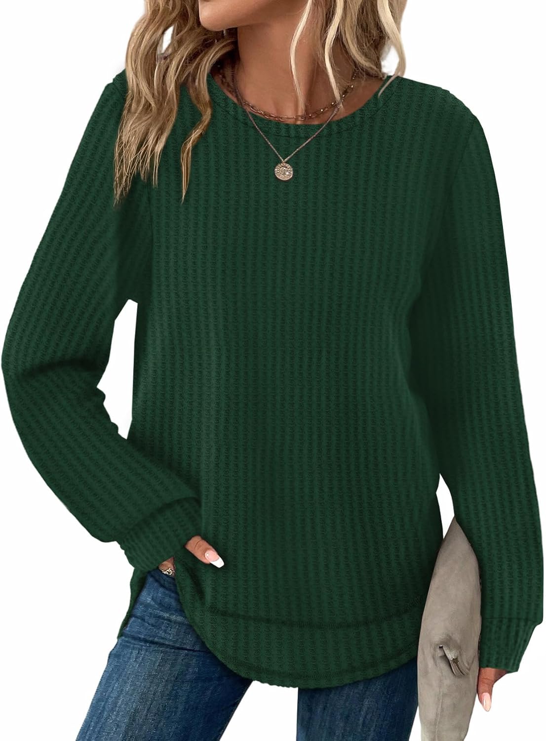 WIHOLL Tunic Tops for Women Loose Fit Dressy Waffle Knit Long Sleeve Shirts Trendy Fall Fashion Crewneck Sweaters Curved Hem