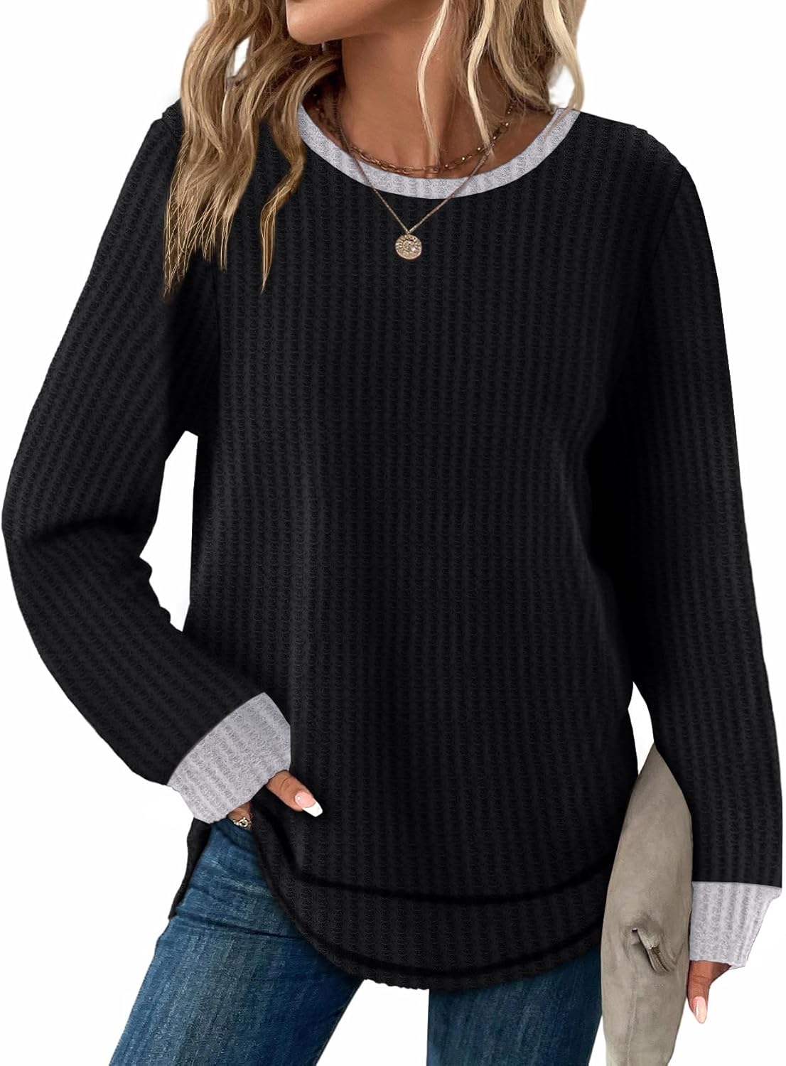 WIHOLL Tunic Tops for Women Loose Fit Dressy Waffle Knit Long Sleeve Shirts Trendy Fall Fashion Crewneck Sweaters Curved Hem