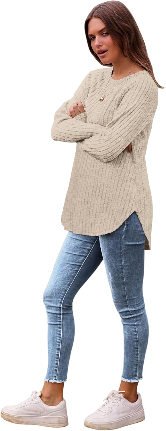 Saloogoe Long Sleeve Shirts for Women 2025 Fall Clothes Tunic Tops Loose Fit Dressy Crewneck Pullover Sweaters Curved Hem