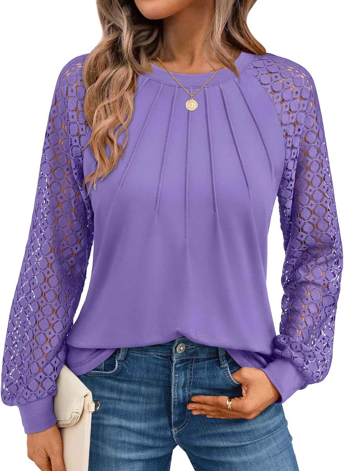 AUTOMET Womens Long Sleeve Shirts Pleated Lace Tops Fall Fashion Outfits Business Casual Blouses