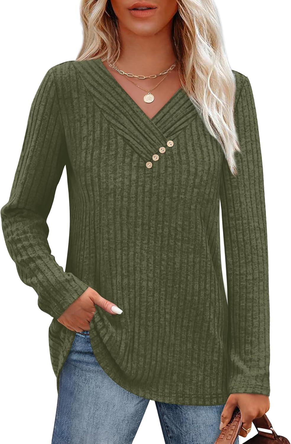SAMPEEL Sweaters for Women Long Sleeve Shirts V Neck Tops with Buttons Fall Fashion Outfits Winter Clothing 2025