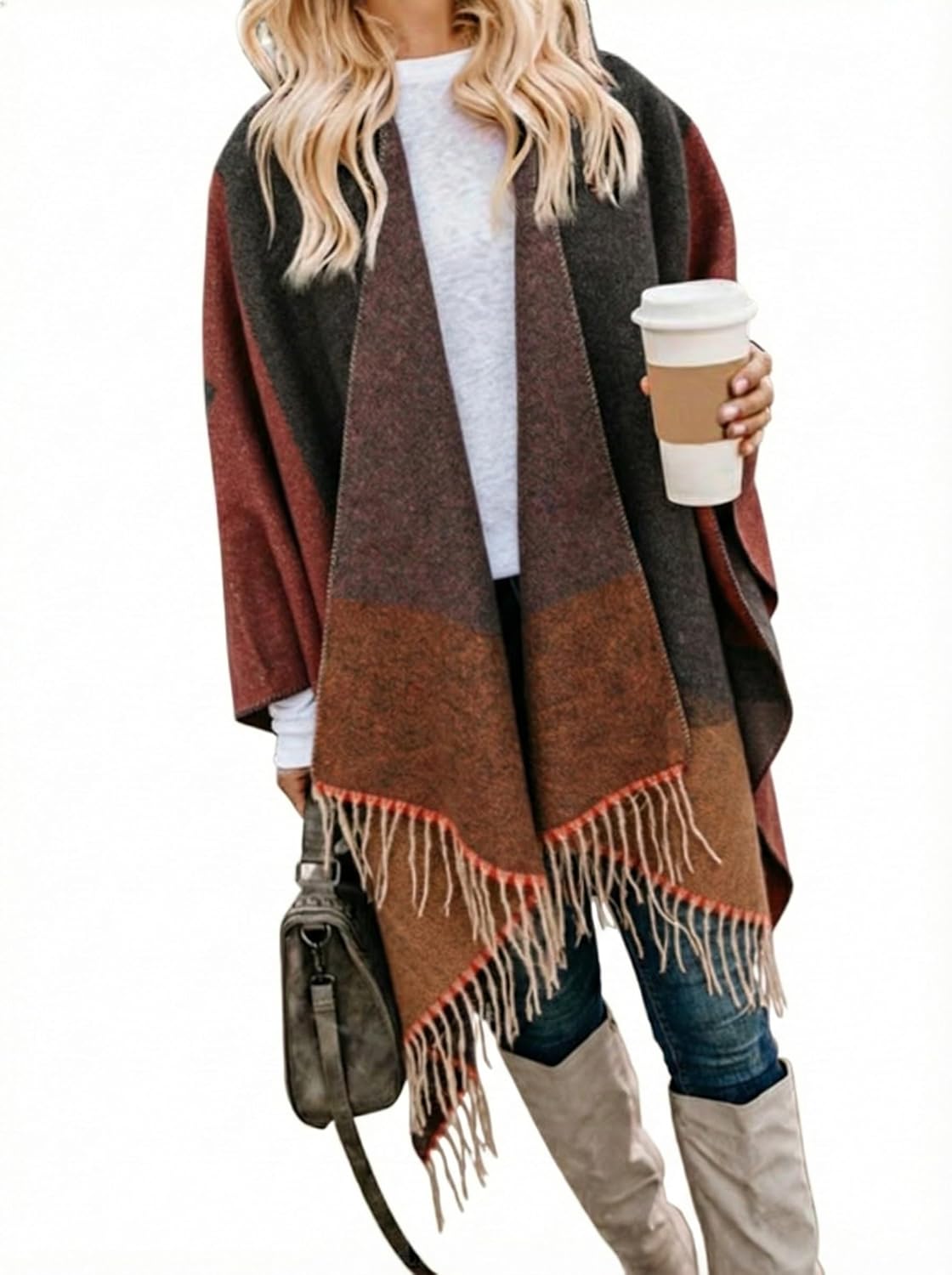 Bestshe Women's Boho Open Front Poncho Knitted Plaid Shawl Wrap Cape Tassel Cardigan Sweater