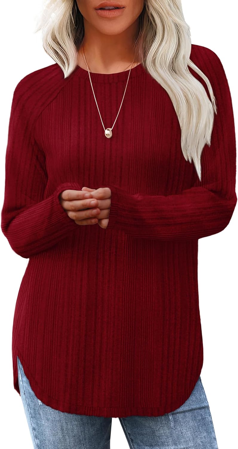 Saloogoe Long Sleeve Shirts for Women 2025 Fall Clothes Tunic Tops Loose Fit Dressy Crewneck Pullover Sweaters Curved Hem