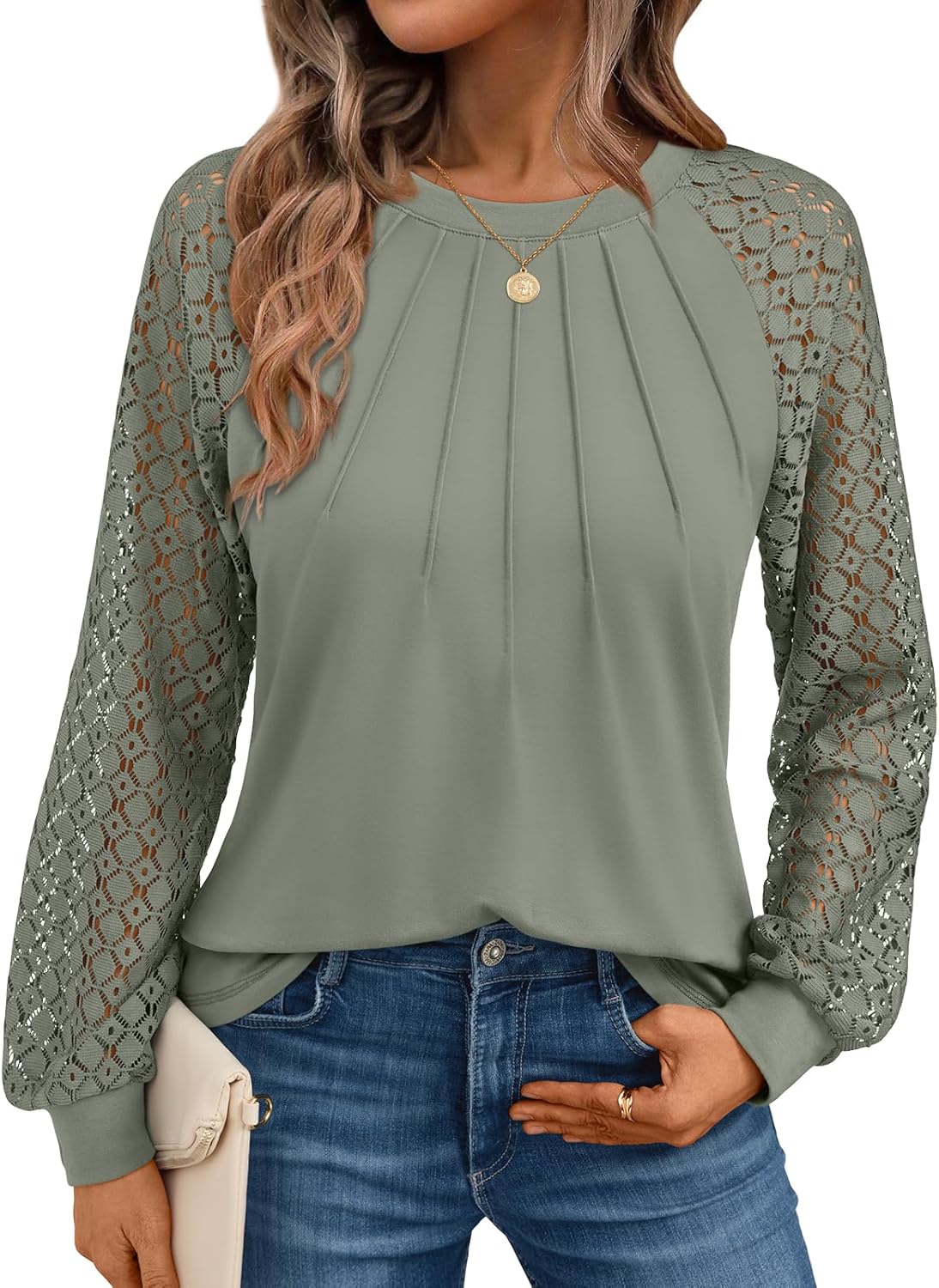 AUTOMET Womens Long Sleeve Shirts Pleated Lace Tops Fall Fashion Outfits Business Casual Blouses