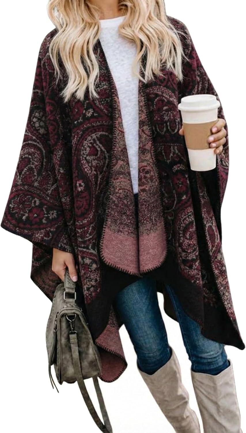 Bestshe Women's Boho Open Front Poncho Knitted Plaid Shawl Wrap Cape Tassel Cardigan Sweater