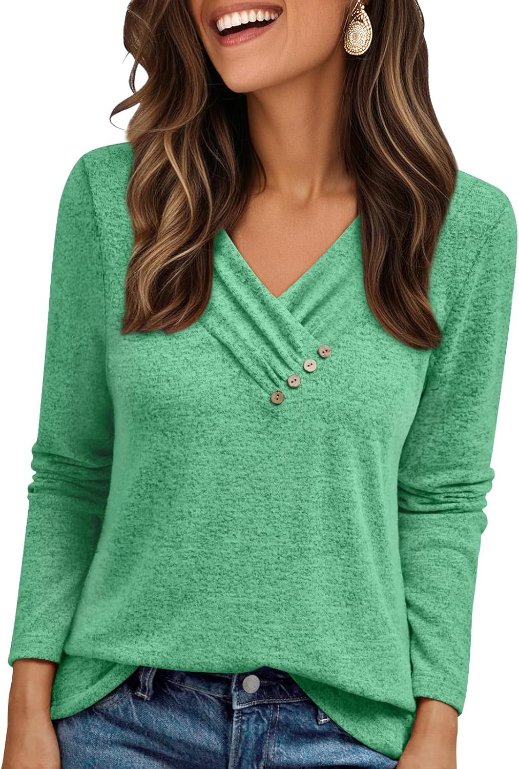 AUTOMET Womens Long Sleeve Tunic Top V Neck Button Shirts 2026 Dressy Casual Business Blouses