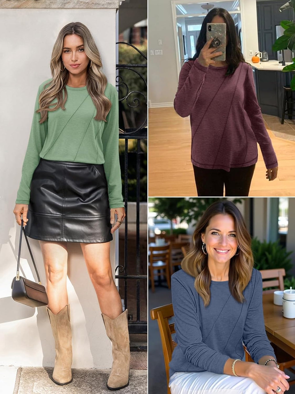 ATHMILE Womens Long Sleeve Shirts Pleated Crew Neck Casual Fall Fashion Ladie Tops Loose Fit Spring Clothes Beach Vacation