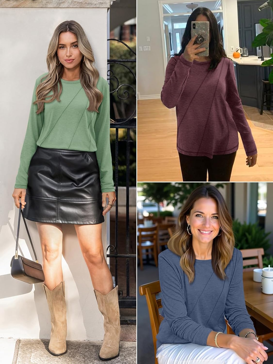 ATHMILE Womens Long Sleeve Shirts Pleated Crew Neck Casual Fall Fashion Ladie Tops Loose Fit Spring Clothes Beach Vacation