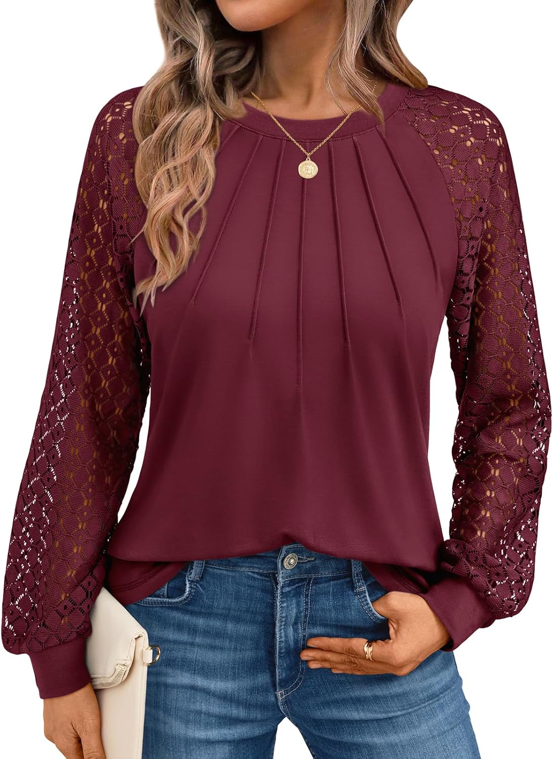 AUTOMET Womens Long Sleeve Shirts Pleated Lace Tops Fall Fashion Outfits Business Casual Blouses