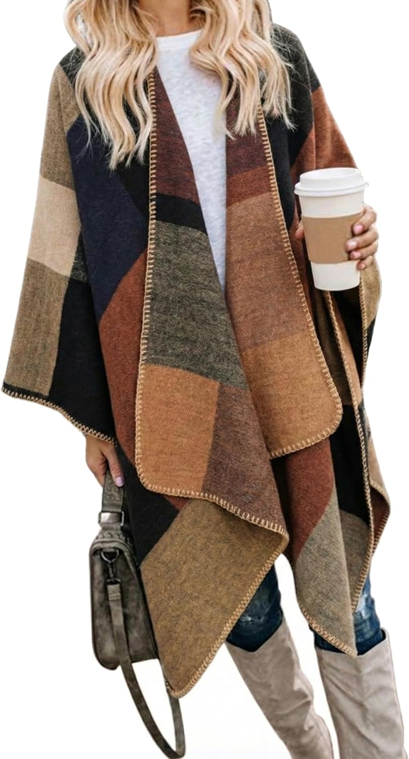 Bestshe Women's Boho Open Front Poncho Knitted Plaid Shawl Wrap Cape Tassel Cardigan Sweater