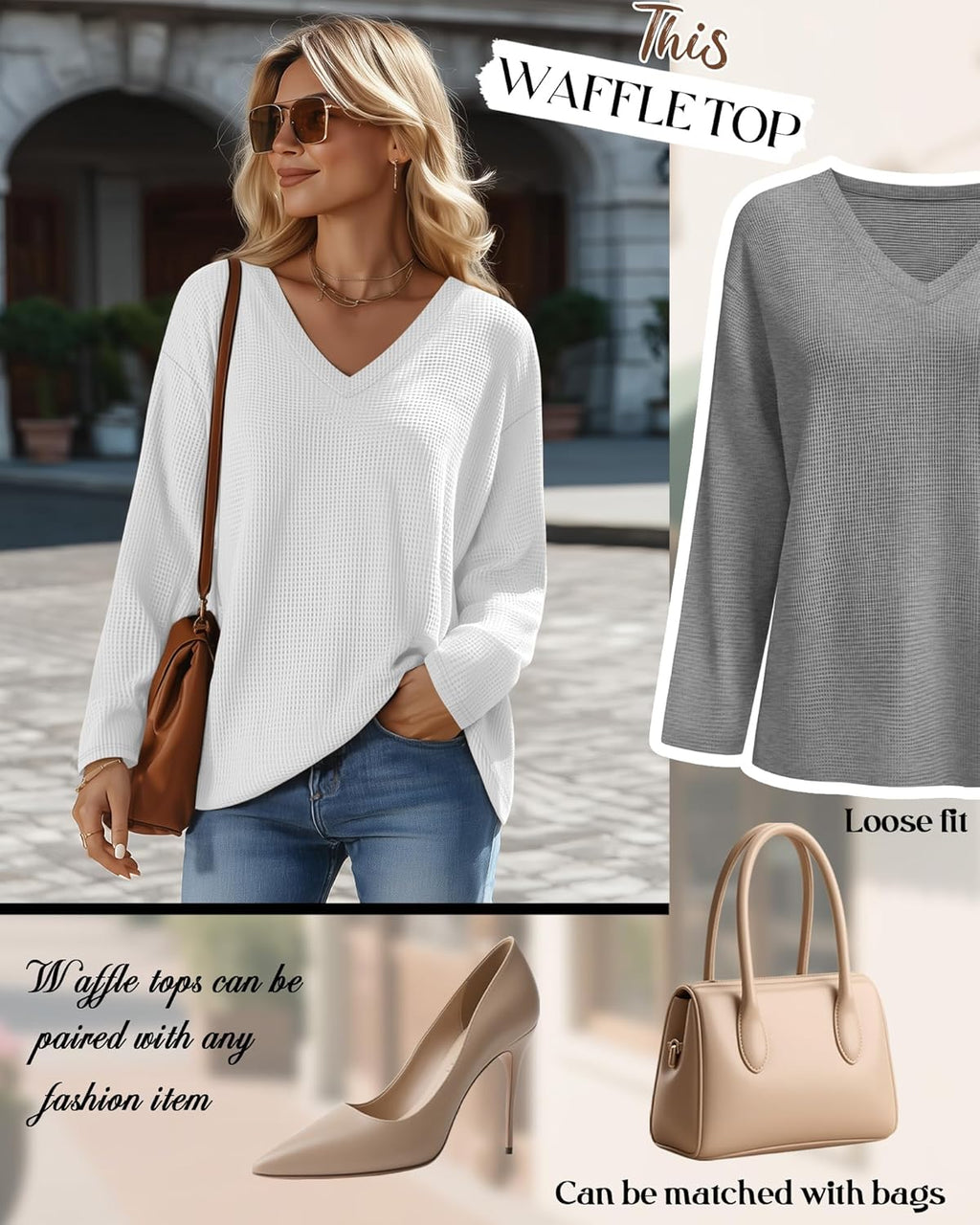 Velvelhall 3 Pack Women's Oversized Waffle Knit Shirts, V Neck Long Sleeve Top Fall Casual Sweatshirt for Women