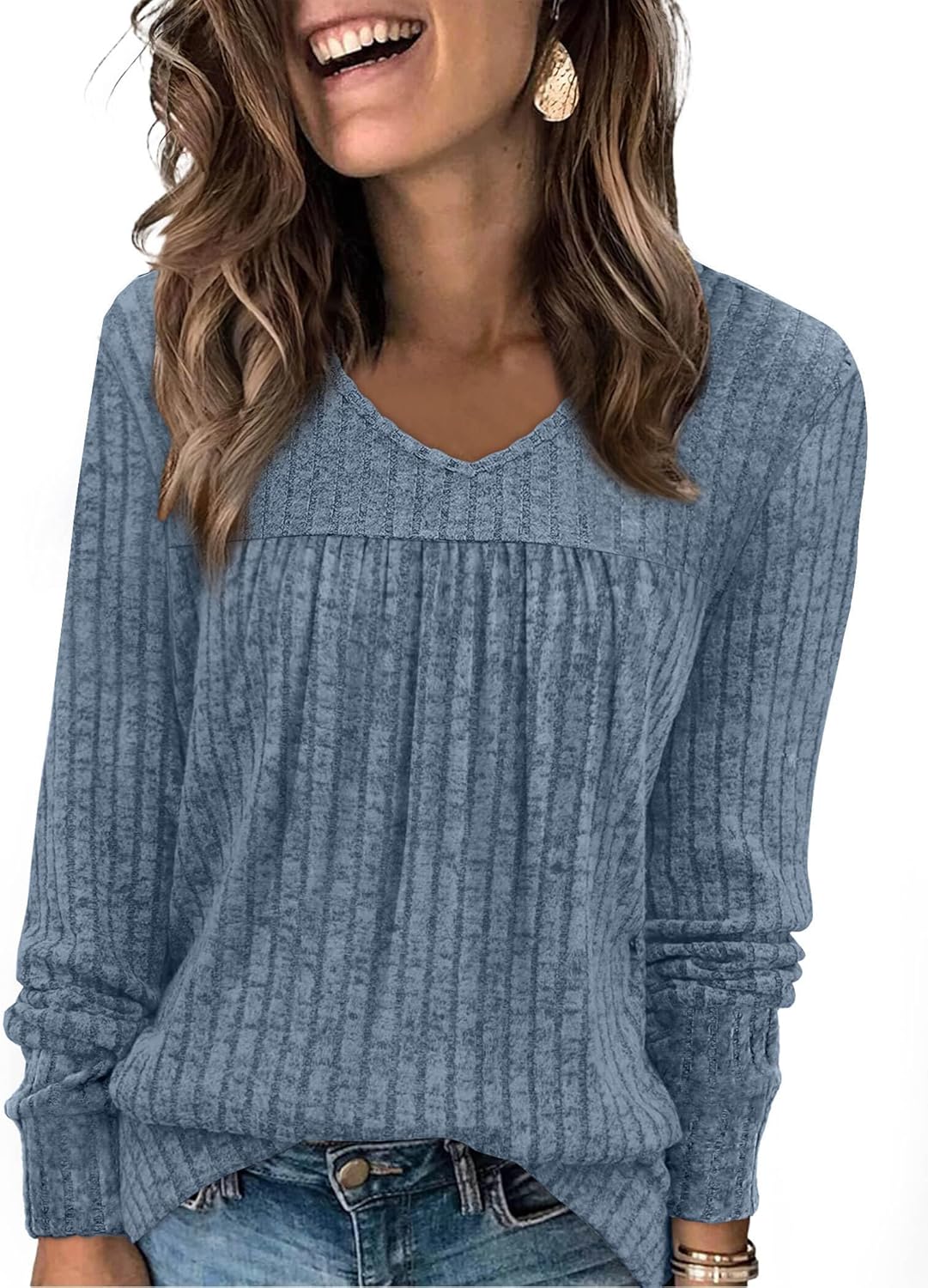 WIHOLL Long Sleeve Shirts for Women V Neck Lightweight Sweaters Casual Tunic Tops Outfits Fall Fashion Clothes 2025