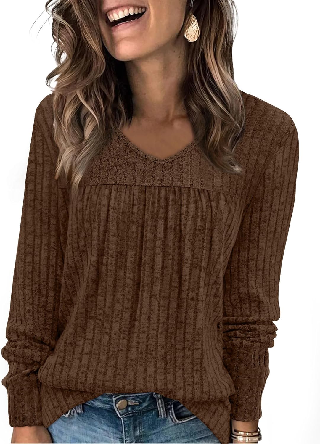 WIHOLL Long Sleeve Shirts for Women V Neck Lightweight Sweaters Casual Tunic Tops Outfits Fall Fashion Clothes 2025