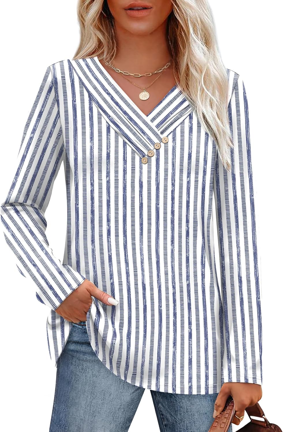 SAMPEEL Sweaters for Women Long Sleeve Shirts V Neck Tops with Buttons Fall Fashion Outfits Winter Clothing 2025